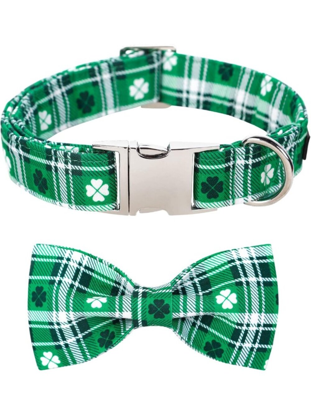 St. Patrick's Day Dog Collar with Bowtie, Green Shamrock Clover, Adjustable M